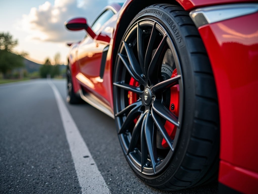 The image showcases a close-up view of a sport car's rim and tyre. The vibrant red color of the car is highlighted, with attention to the sleek design of the rim. Soft shadows are cast on the road, enhancing the depth of the photograph. The angle emphasizes the performance aspects of the vehicle. This image conveys speed and luxury associated with high-performance cars.