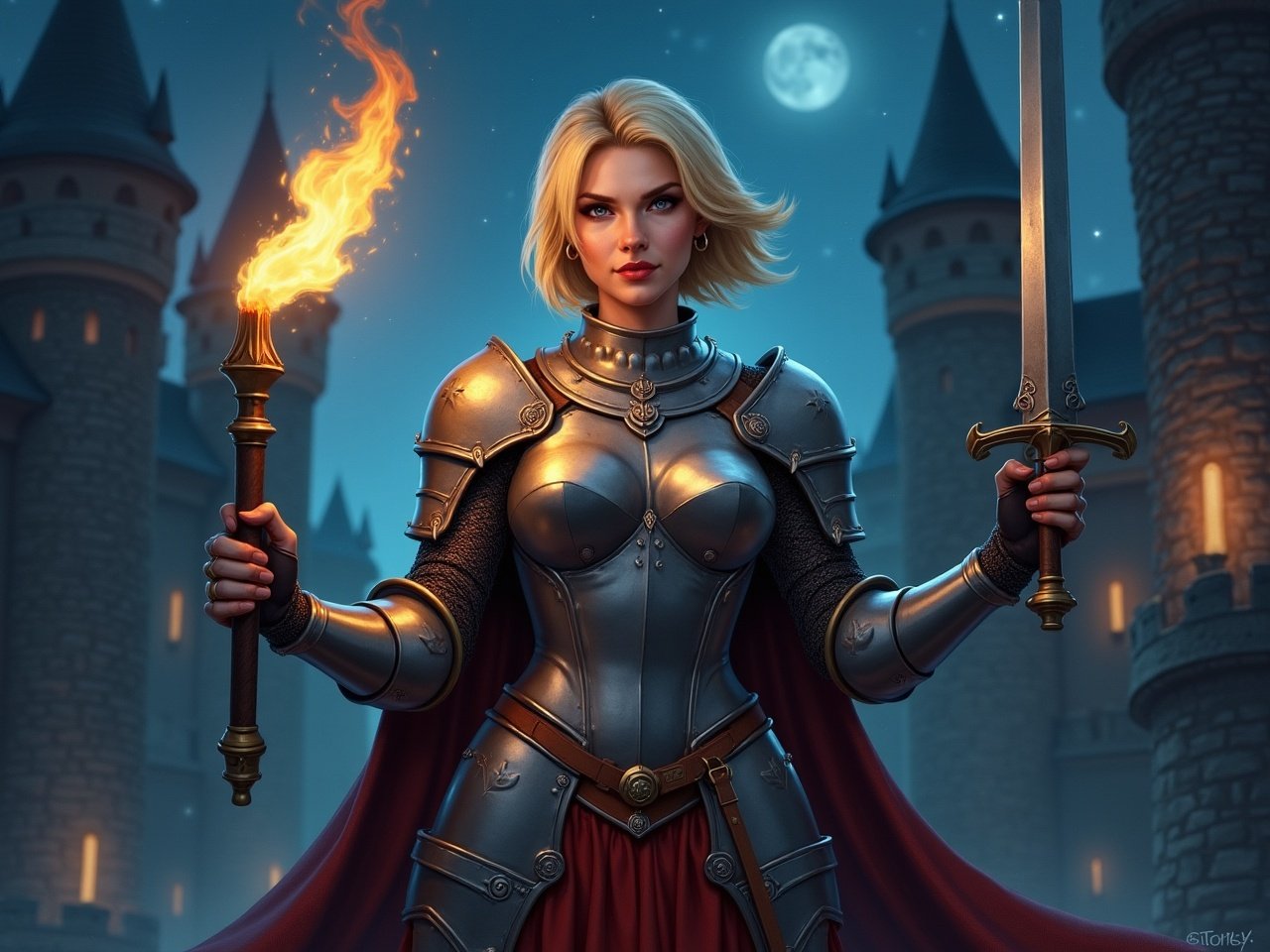 A valiant knight stands poised in the moonlit night, clad in intricately detailed armor. She holds a flaming torch in one hand and a gleaming sword in the other, both serving as symbols of her indomitable spirit. The backdrop of a grand medieval castle under a full moon adds an air of mystery and adventure.