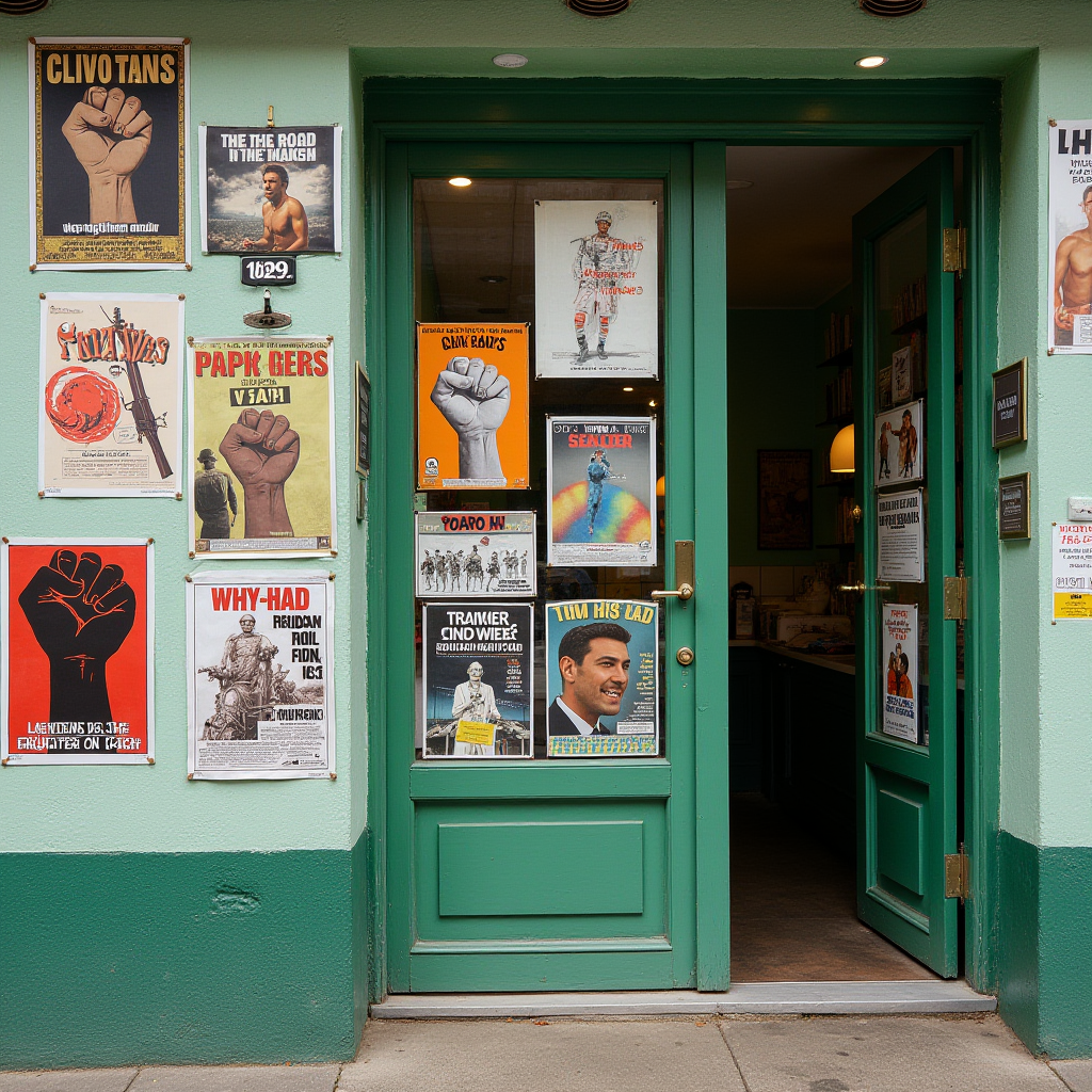 This image depicts the entrance of a boutique or gallery, showcasing a collection of vintage and retro posters on the exterior wall and the glass door. The posters feature a variety of themes, including political movements and old con movies, with prominent imagery like raised fists, vintage typography, and classic illustrations. The building is painted in a pleasing shade of green, and the door is slightly open, inviting guests inside. The setup evokes a nostalgic or historical atmosphere, celebrating artistic and cultural elements from the past.