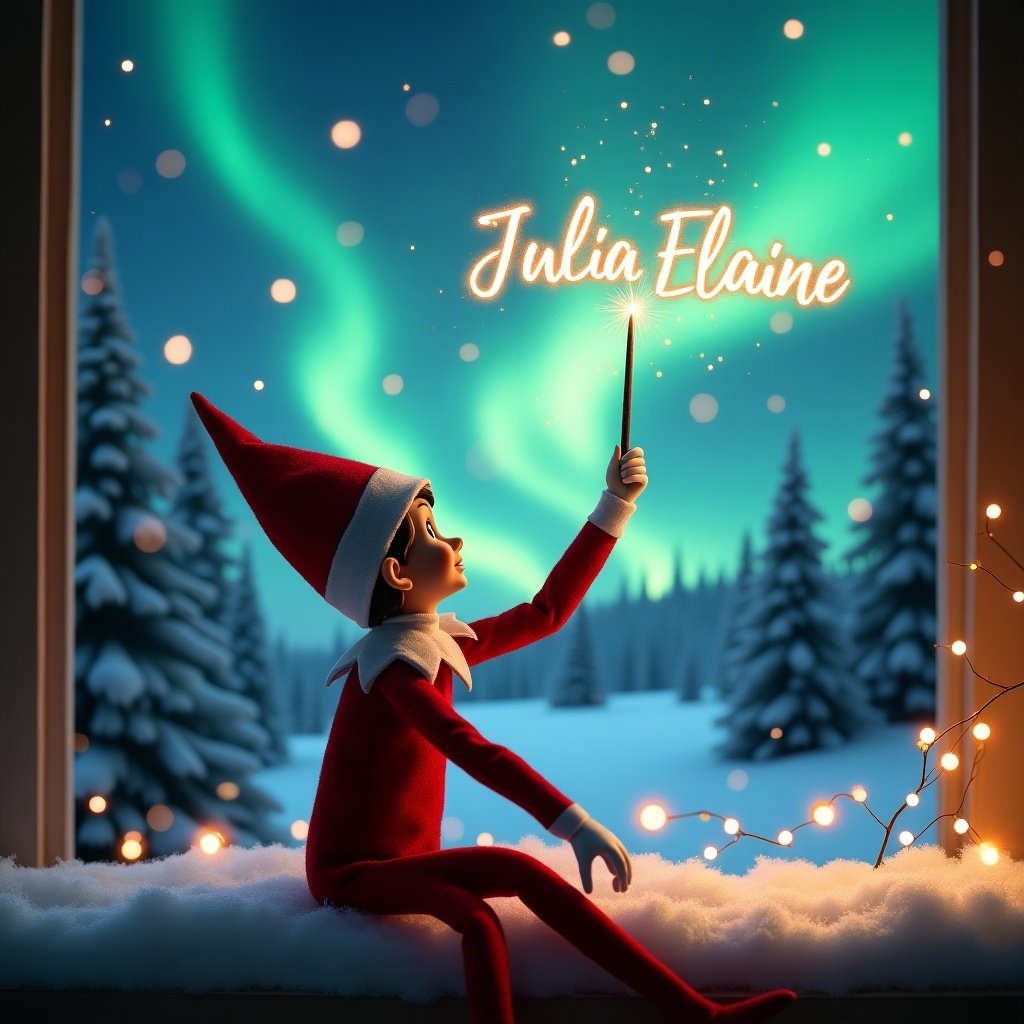 An enchanting Christmas scene features an elf on the shelf with its back to the viewer, gazing up at a vibrant sky filled with northern lights. Dressed in red and white, the elf wields a magic wand, writing the name 'Julia Elaine' in glowing script above. The ground is blanketed in snow, with evergreen trees creating a winter wonderland backdrop. Other names like 'Scarlett', 'Gökhan', 'Heidi', 'Jonna', and 'Gismo' are elegantly displayed in sparkling light. This whimsical setting beautifully encapsulates the spirit of Christmas, radiating joy and wonder throughout the scene.