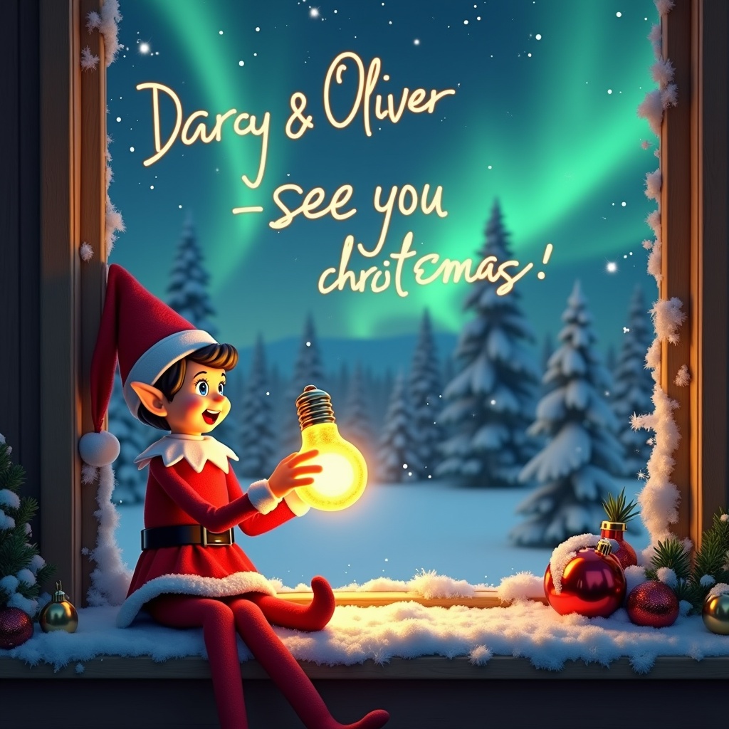 A cheerful elf is sitting by a window during winter, admiring the stunning northern lights visible outside. Dressed in traditional festive colors, the elf holds a bright light bulb with an excited expression. Handwritten text in the sky says 'Darcy & Oliver - see you soon,' glowing beautifully. The window ledge is decorated with snow and holiday ornaments. Outside, snow-covered trees create a magical winter landscape. This scene captures the joyful essence of the festive season, embodying the spirit of anticipation for Christmas.