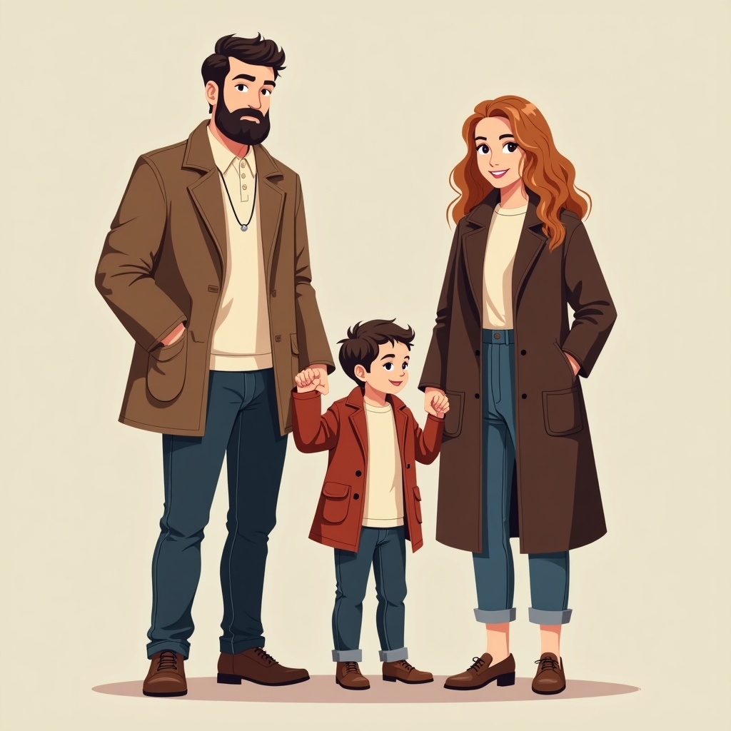 The image depicts a stylish family of four, featuring a dad, mom, and their two children. The dad is in his 40s, wearing a trendy long coat and dark jeans, while the mom, in her 30s, complements him with a chic outfit. Their daughter is around four years old, dressed cheerfully in a matching outfit, and the younger son, just 14 months, is also styled to match. The family stands closely together, sharing smiles and holding hands, radiating a sense of warmth and unity. The background is minimalistic, emphasizing their coordinated fashion sense without distractions.