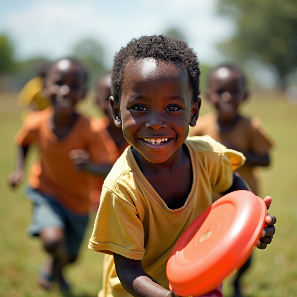 A group of children playing with a frisbee outdoors, full of laughter and happiness.