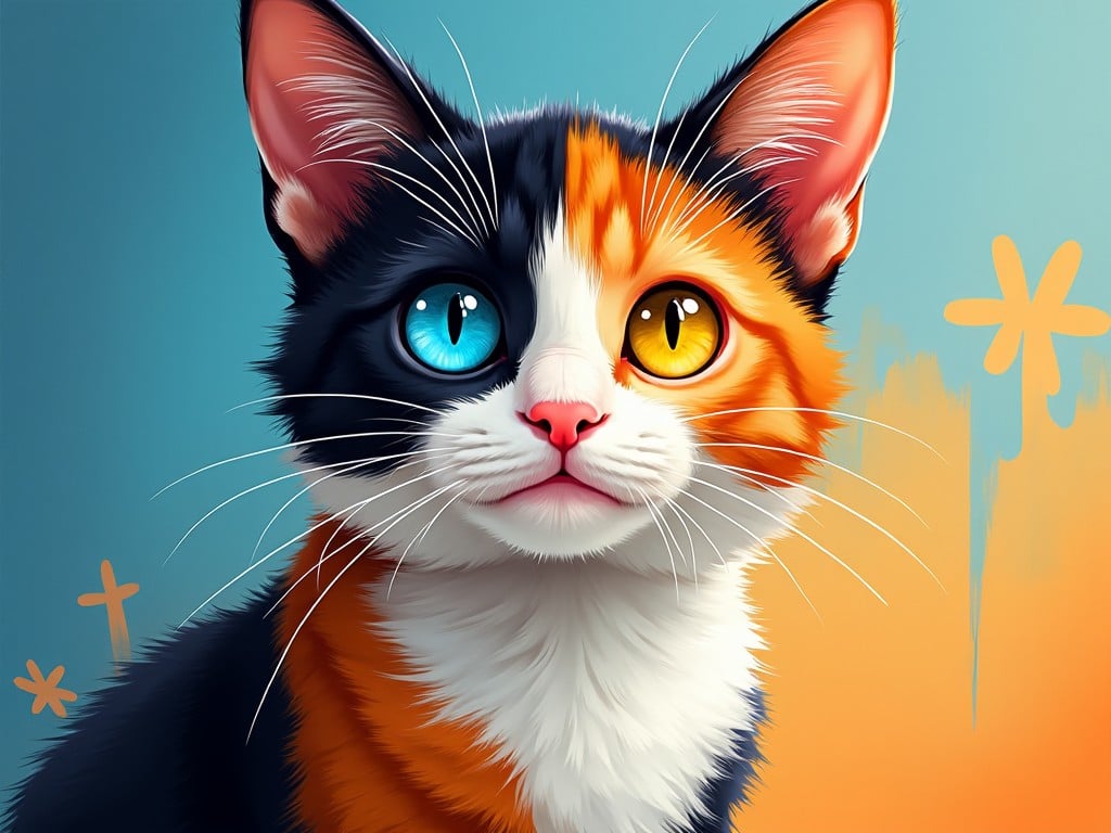 A vibrant digital illustration of a cat with one blue eye and one yellow eye, showcasing a mix of orange, black, and white fur, set against a colorful abstract background.