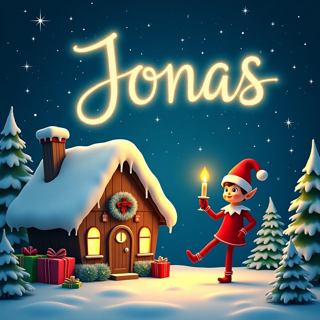 The image depicts a magical Christmas scene featuring an elf on the shelf writing 'Jonas' in sparkling light in the night sky. The cozy cottage has a snowy rooftop and is adorned with gifts at its door. Surrounding the cottage are snow-draped evergreen trees, creating a winter wonderland atmosphere. The elf, dressed in a bright red outfit and matching hat, stands proudly holding a glowing candle. Stars twinkle brightly against the dark blue sky, enhancing the enchanting feel of this holiday moment.