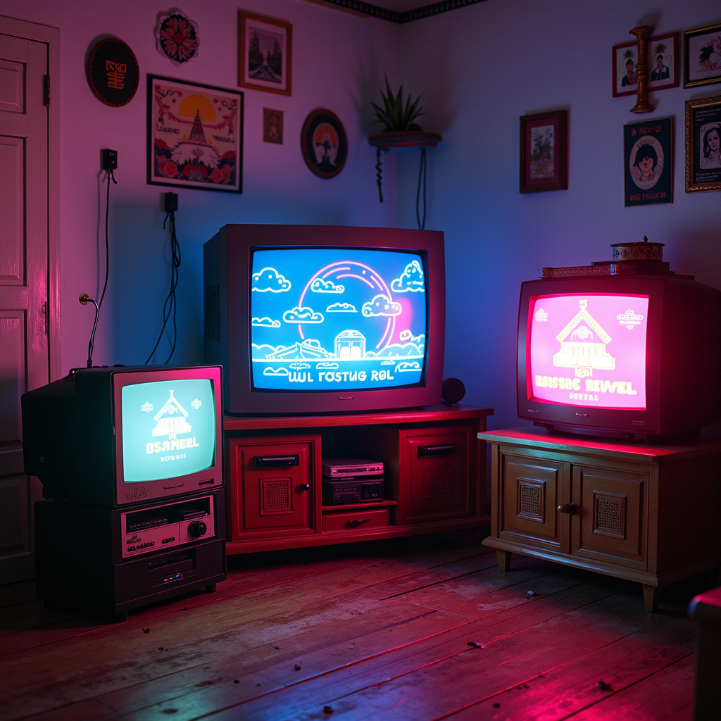 A room with vintage televisions displaying neon graphics, surrounded by retro decor.