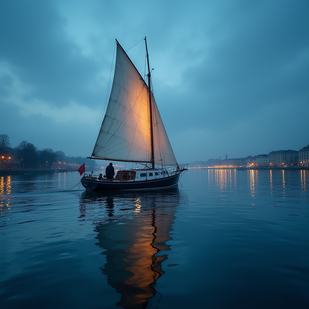 A sailboat glides through calm waters at twilight with city lights reflecting on the surface.