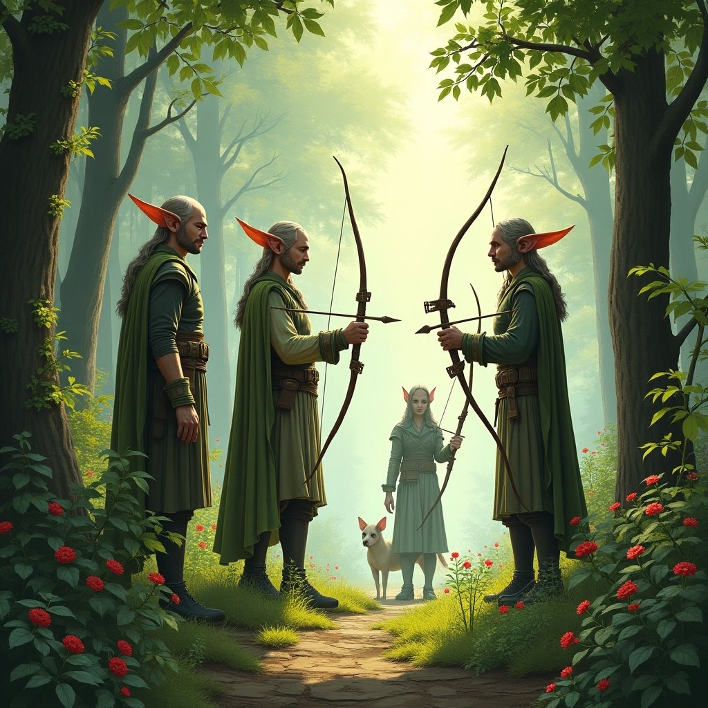 In a serene, enchanted forest, two elf men stand face to face, each holding a bow with arrows ready to draw. They are dressed in elegant green cloaks, blending harmoniously with the surrounding trees and foliage. A mystical light filters through the leaves, illuminating their determined expressions. Behind them, a graceful elf woman watches intently, accompanied by a small white dog. The scene conveys a sense of tension and anticipation, as if they are in the midst of a crucial decision or challenge. The vibrant colors of nature add a magical ambiance to this captivating moment.