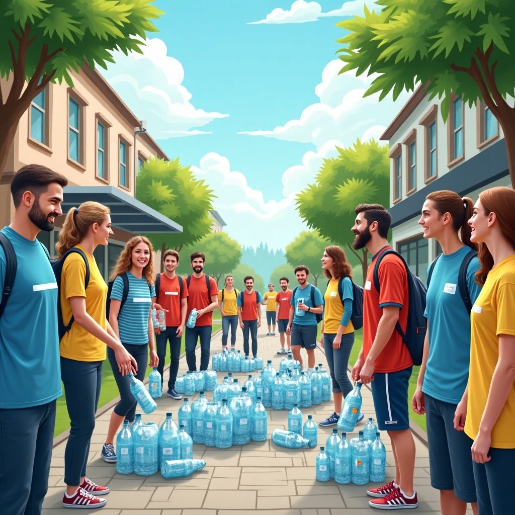 The image depicts a vibrant street scene filled with people of diverse backgrounds, all engaged in an environmental initiative. They are surrounded by stacks of PET plastic water bottles, showcasing their commitment to recycling. The group, wearing bright uniforms of red, blue, and yellow, reflects the energy and community spirit of this initiative. The backdrop features a sunny day with lush trees lining the street, enhancing the positive atmosphere. This scene represents a collective effort to transform plastic waste into sustainable solutions for local businesses and events.