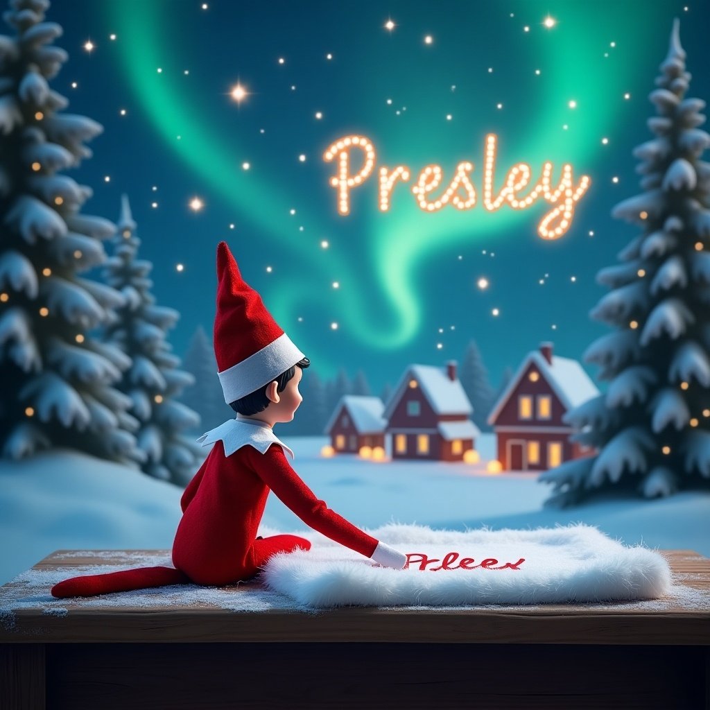 A charming Elf on the Shelf is sitting at a wooden table, writing names on a fluffy white cloth. The elf wears a classic red outfit with a white collar and a pointy hat, exuding a cheerful demeanor. Soft snowflakes fall around, creating a whimsical winter atmosphere. The background is a deep blue, enhancing the festive mood with sparks of fairy lights and stars, adding magic. An enchanting scene features the elf on a ledge facing the sky, with the Northern Lights illuminating the cozy village in the distance. Holiday joy and wonder fill the ambiance, perfect for a children's Christmas theme, as the name Presley twinkles softly in the sky.