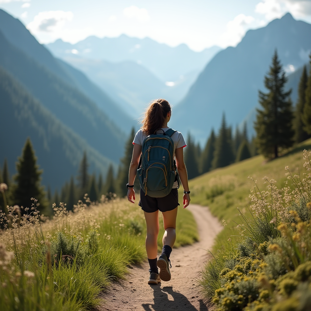 A hiker strolls along a winding trail through a lush, green valley surrounded by majestic mountain peaks under a blue sky.