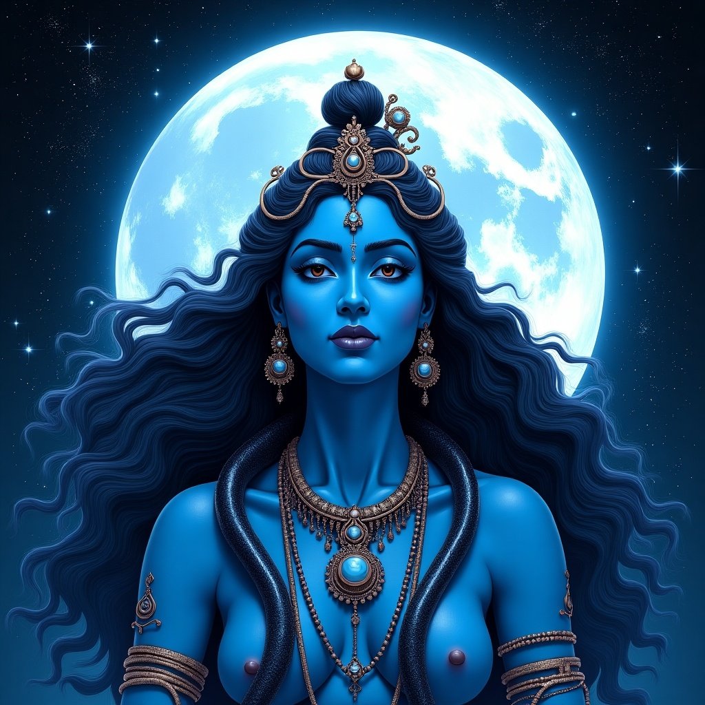 This illustration portrays a deity with blue skin, adorned with intricate jewelry and a snake draped around the neck. The figure exudes an aura of serene power, featuring flowing hair and set against a mystical cosmic background dominated by a full moon. The night sky is speckled with stars, enhancing the divine ambiance of the scene. The goddess is depicted in a detailed and artistic way, emphasizing her beauty and strength. This artwork captures the essence of spirituality and mythology, making it a captivating piece for any viewer.