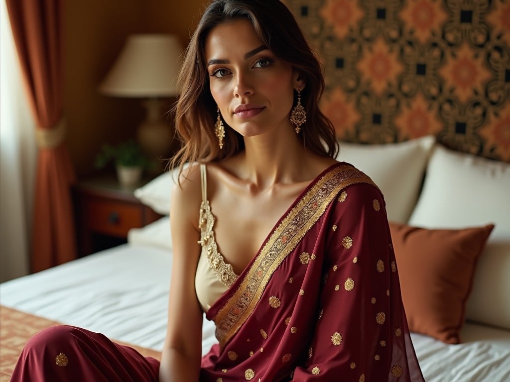 A woman with fair skin is wearing a maroon sari adorned with gold polka dots and a gold border. She has on a sleeveless, cream-colored blouse that features lace detail at the neckline. Her brown hair is styled loosely, adding an elegant touch to her appearance. The woman is sitting on a beautifully made bed, which complements the rich decor of the room. The setting has warm tones and intricate furnishings, creating a cozy yet sophisticated atmosphere.