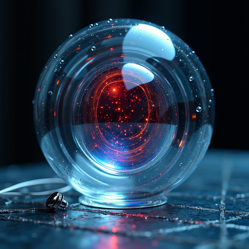 A transparent glass sphere containing a swirling galaxy of red and blue lights, surrounded by droplets, rests on a reflective surface beside a small metallic object.