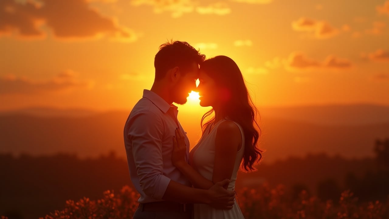 A romantic couple embracing at sunset with a vibrant orange sky.