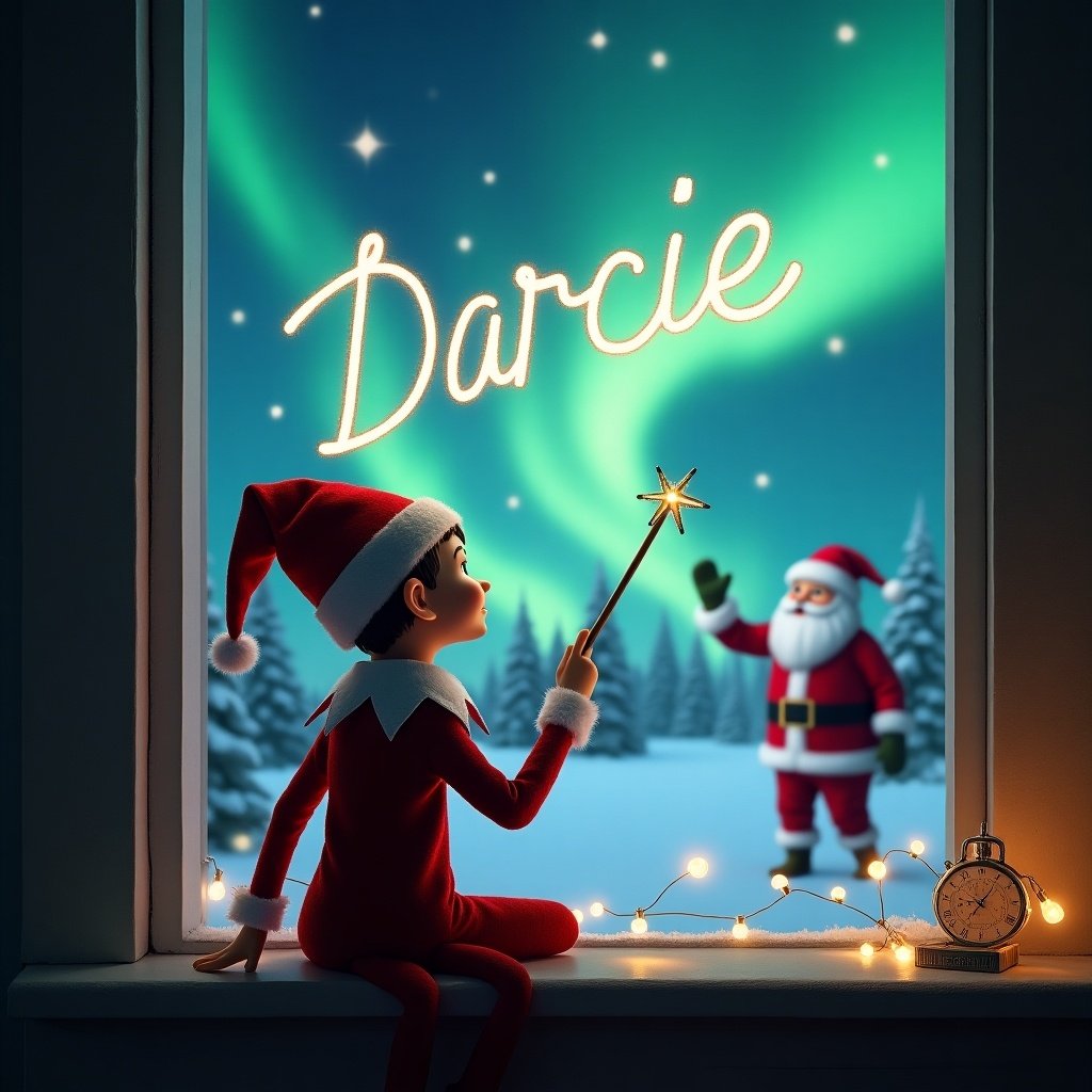 The image depicts an elf on the shelf with his back turned, seated by a window. He is gazing up at the sky, using a wand to magically write the name 'Darcie' in bright, swirling letters. Outside the window, a magical Christmas scene unfolds featuring vibrant northern lights illuminating the night sky. In the background, Santa Claus waves cheerfully, surrounded by a snowy landscape and evergreen trees. The room is softly decorated with twinkling lights, enhancing the festive atmosphere of the scene.