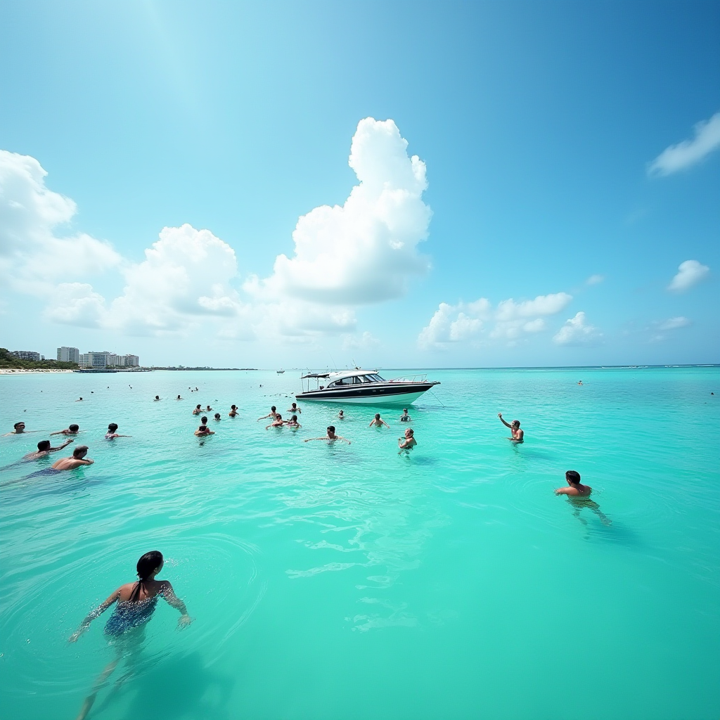 People swim in clear turquoise water near a boat on a sunny day.