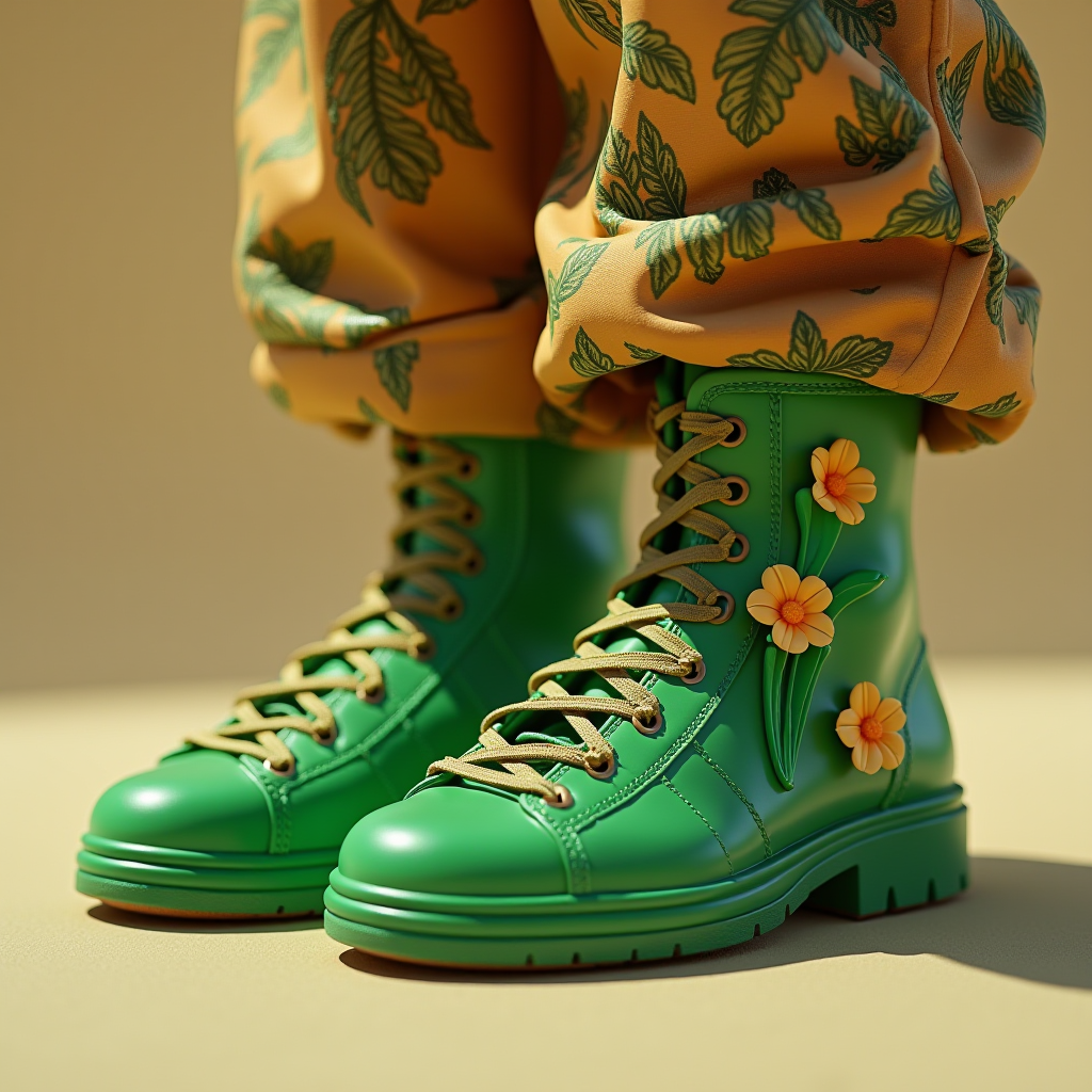 Bright green combat boots adorned with yellow flowers pair uniquely with tan pants featuring a green leaf pattern.