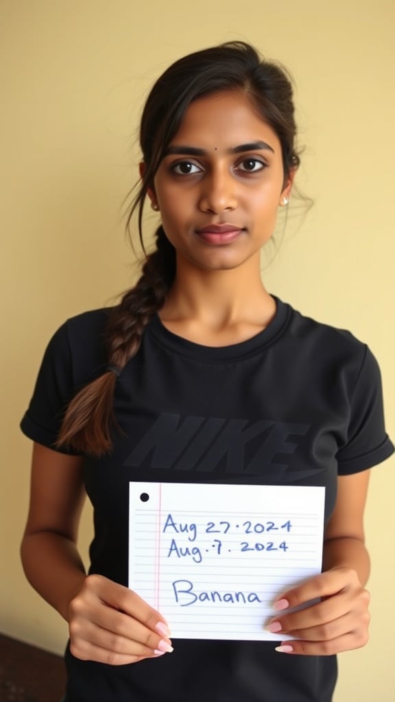 The image features a woman in a black Nike t-shirt, holding a piece of paper with handwritten dates "Aug 27, 2021; Aug 7, 2024" and the word "Banana." Her expression is neutral, and she stands against a plain background. The overall tone of the image is casual and informal, with an intriguing note adding a touch of mystery.