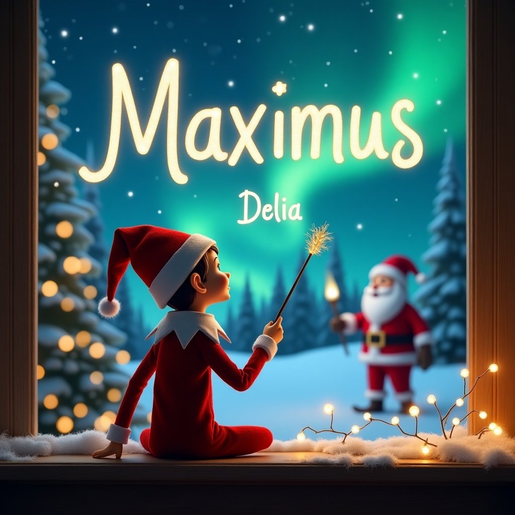 An enchanting Christmas scene featuring an elf on the shelf sitting with his back to the viewer. He is facing the sky, using a magic wand to write the name 'Maximus' in glowing letters against a backdrop of vibrant northern lights. In the background, Santa is seen elegantly scripting the name 'Delia' with his own wand. The setting is filled with snowy trees and twinkling fairy lights, creating a cozy festive atmosphere. The overall vibe is magical and joyful, celebrating the spirit of Christmas and imagination.