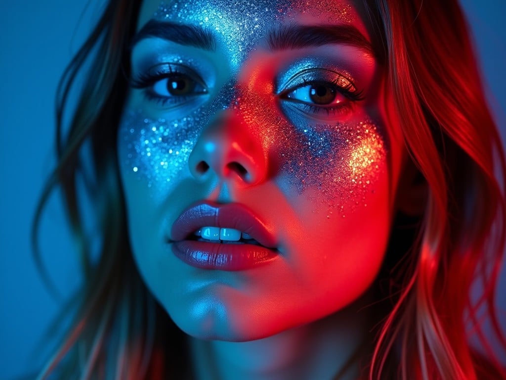 A woman with striking glitter makeup shines under vibrant blue and red lights. The glitter on her face glimmers, catching the light beautifully. Her expression is confident and captivating, drawing the viewer in. The contrasting colors create a dynamic and energetic atmosphere. This image is perfect for showcasing contemporary beauty trends.