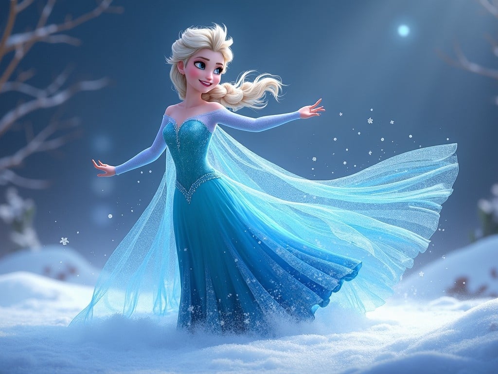 This image showcases Elsa from Disney's Frozen in a magical winter setting. She is wearing a stunning blue dress that flows elegantly with her movements. The background is a serene snowy landscape, sprinkled with glimmering snowflakes. Elsa appears to be playfully dancing, expressing joy and freedom. Soft lighting highlights her features, creating a mystical atmosphere around her.