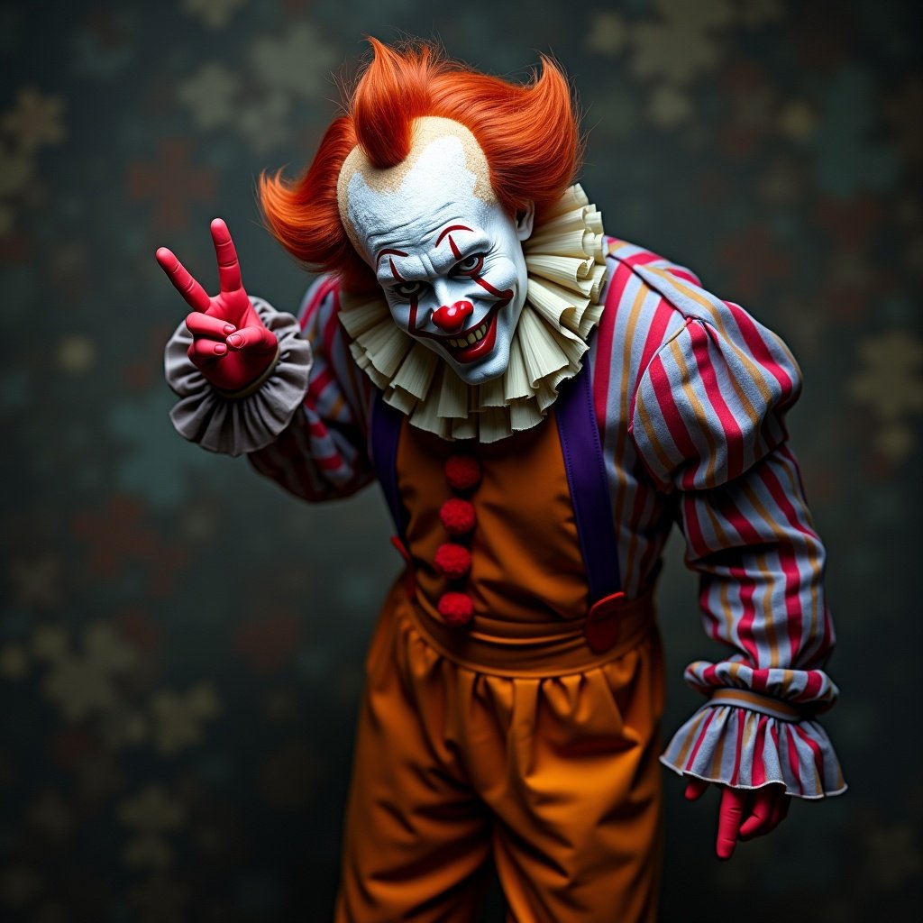 The image features a dangerous clown with an extravagant costume. The clown has bright orange hair and a menacing expression, accentuated by exaggerated makeup. Dressed in colorful, striped clothing, he strikes a playful yet threatening pose. The background is muted, allowing the clown to stand out. This clown evokes a sense of fear mixed with amusement, reminiscent of classic horror elements.