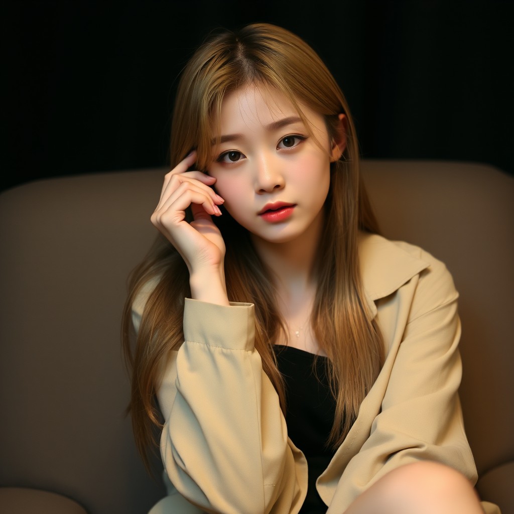 A young woman with long hair sitting gracefully, wearing a neutral colored blouse against a dark backdrop.