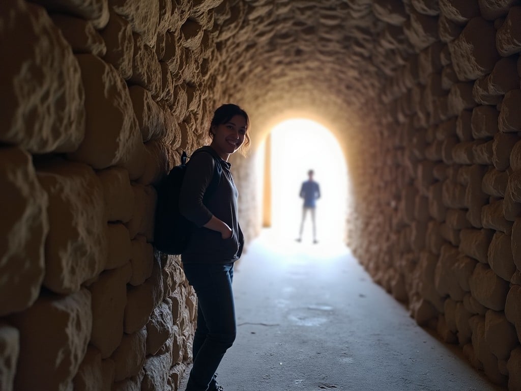 A person is posing inside a stone tunnel, which is dimly lit. The walls of the tunnel are made of rough, aged stone and curve overhead in an arch. The person stands smiling with a casual outfit, and there is a backpack or case on their back. Light is streaming in from the tunnel's exit in the distance, illuminating the path. Another person can be seen walking towards the exit far in the background.