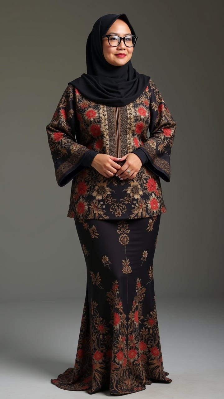 A woman wearing traditional Malay attire, including a hijab and Baju Kurung, posed against a neutral background. The garment features intricate floral patterns in red and gold on a black fabric.