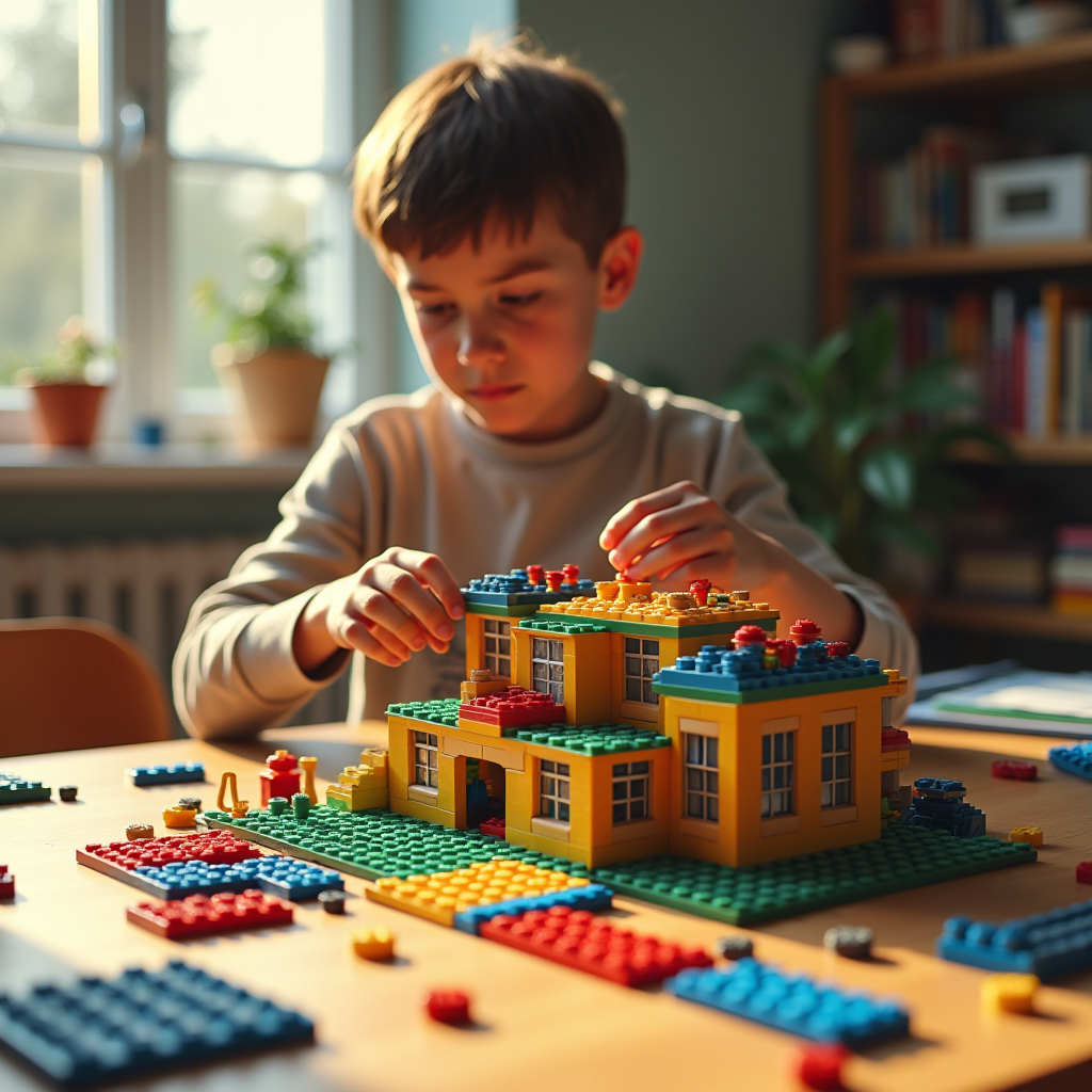 A child focused on constructing a colorful toy house with blocks in a sunlit room.