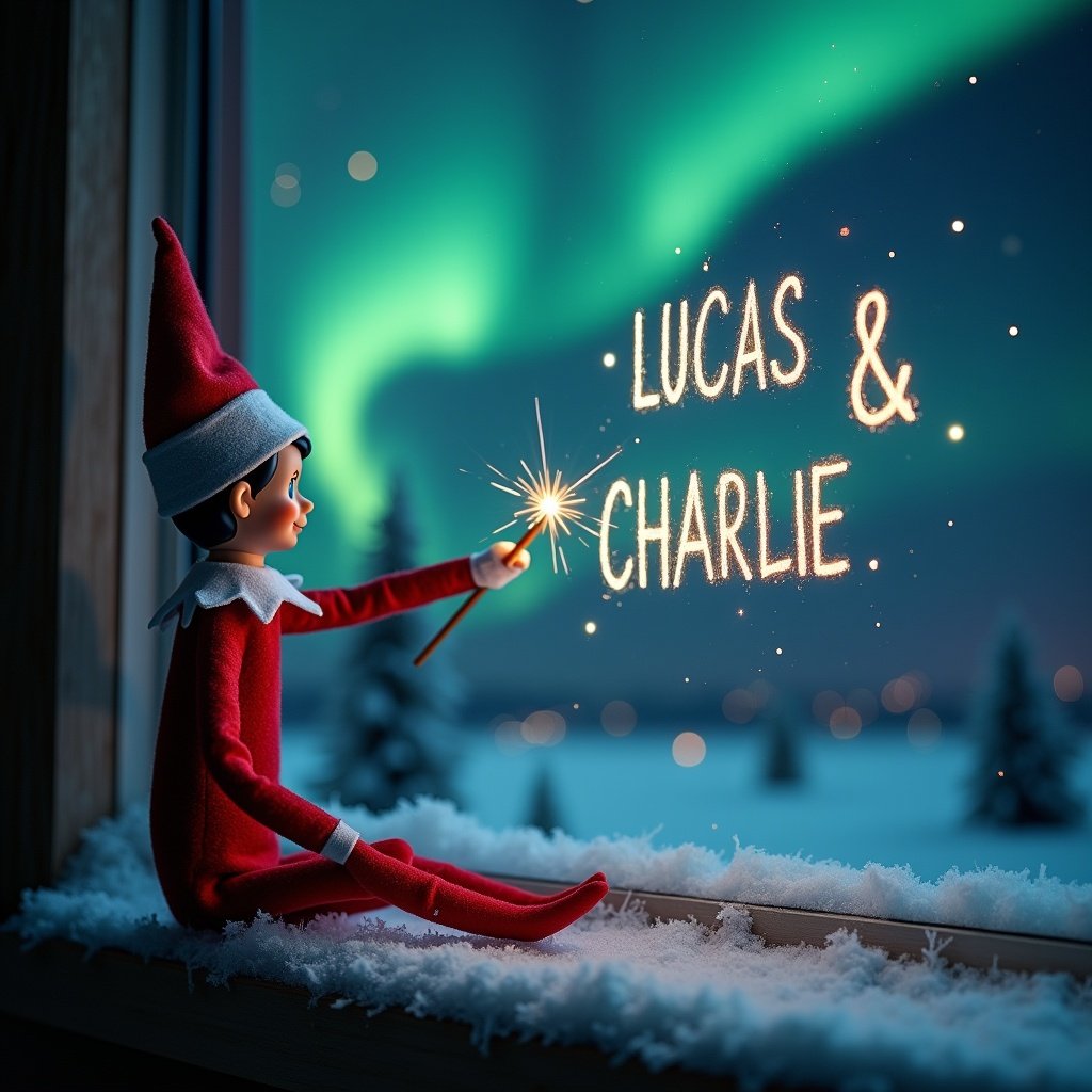 This captivating image features an elf on the shelf with its back facing the viewer, gazing up at a mesmerizing night sky. The elf is dressed in a classic red outfit and holding a magic wand, using it to elegantly write the names 'Lucas & Izzy' in sparkling letters against the backdrop. The sky is painted with vibrant northern lights, adding a touch of enchantment to the scene. Below, a snowy ground glistens softly, enhancing the magical atmosphere. This joyous setting beautifully captures the essence of Christmas and evokes feelings of wonder and celebration.