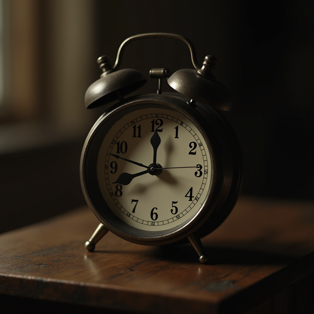 A classic metal alarm clock sits on a wooden table in dim lighting.