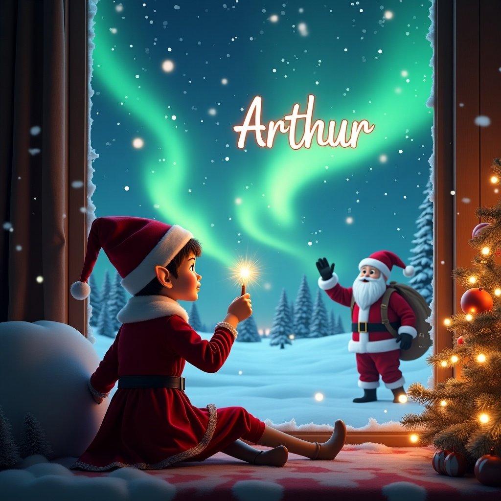 The image depicts a delightful Christmas scene featuring an elf sitting by a window. The elf, wearing a traditional red outfit and a pointy hat, holds a sparkling wand that is inscribing the name 'Arthur' in the sky. Outside the window, enchanting northern lights swirl above a snowy landscape, adding to the magic of the night. A glimpse of Santa can be seen in the background, enhancing the festive ambiance. Twinkling lights adorn a Christmas tree nearby, completing this charming winter tableau.