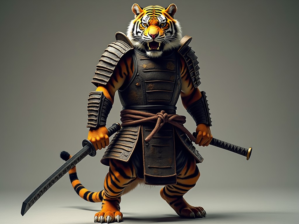 This striking image features an anthropomorphic tiger dressed in detailed samurai armor. The tiger stands confidently, holding a katana in a poised stance. The armor is richly colored in shades of blue, green, and red, and is intricately detailed with patterns, adding to the regal and fierce appearance of the warrior feline.