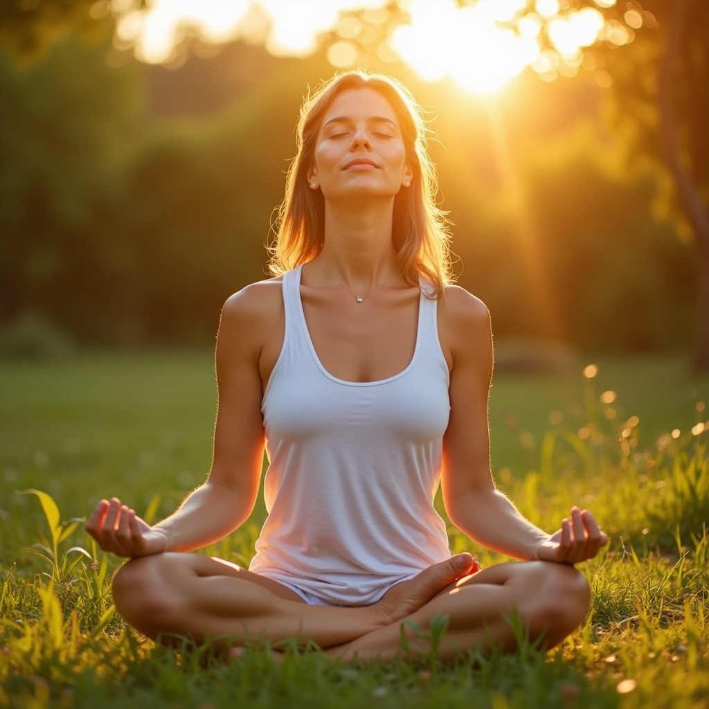 The image features a woman meditating in a serene outdoor setting. She is seated cross-legged with her eyes closed, projecting tranquility and focus. Golden sunlight bathes her in warmth, enhancing the peaceful atmosphere. Surrounded by lush greenery, the scene evokes a sense of calm and connection with nature. This moment captures the essence of mindfulness and self-awareness.