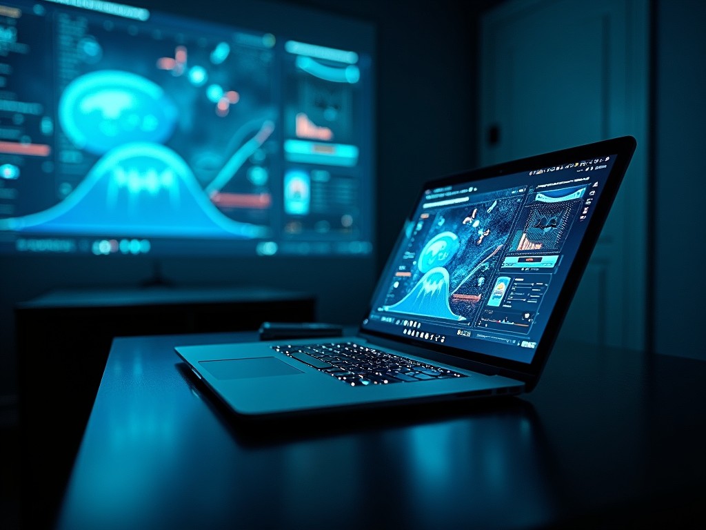 A modern laptop is positioned prominently in a dimly lit room, showcasing advanced digital interfaces. The screen displays intricate data visualizations and aesthetic designs. Surrounding the laptop, projections create a dynamic, futuristic atmosphere. The room is designed to evoke a sense of innovation and digital exploration. Subtle blue light enhances the ambiance, contributing to the tech-savvy vibe.