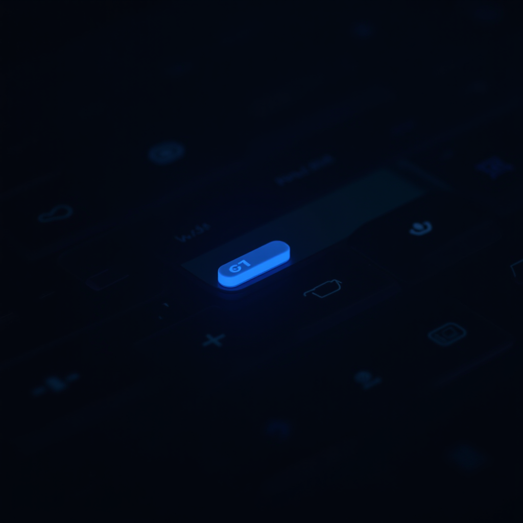 A close-up of a keyboard with a glowing blue 'G1' key amidst dark surroundings, highlighting its futuristic design.