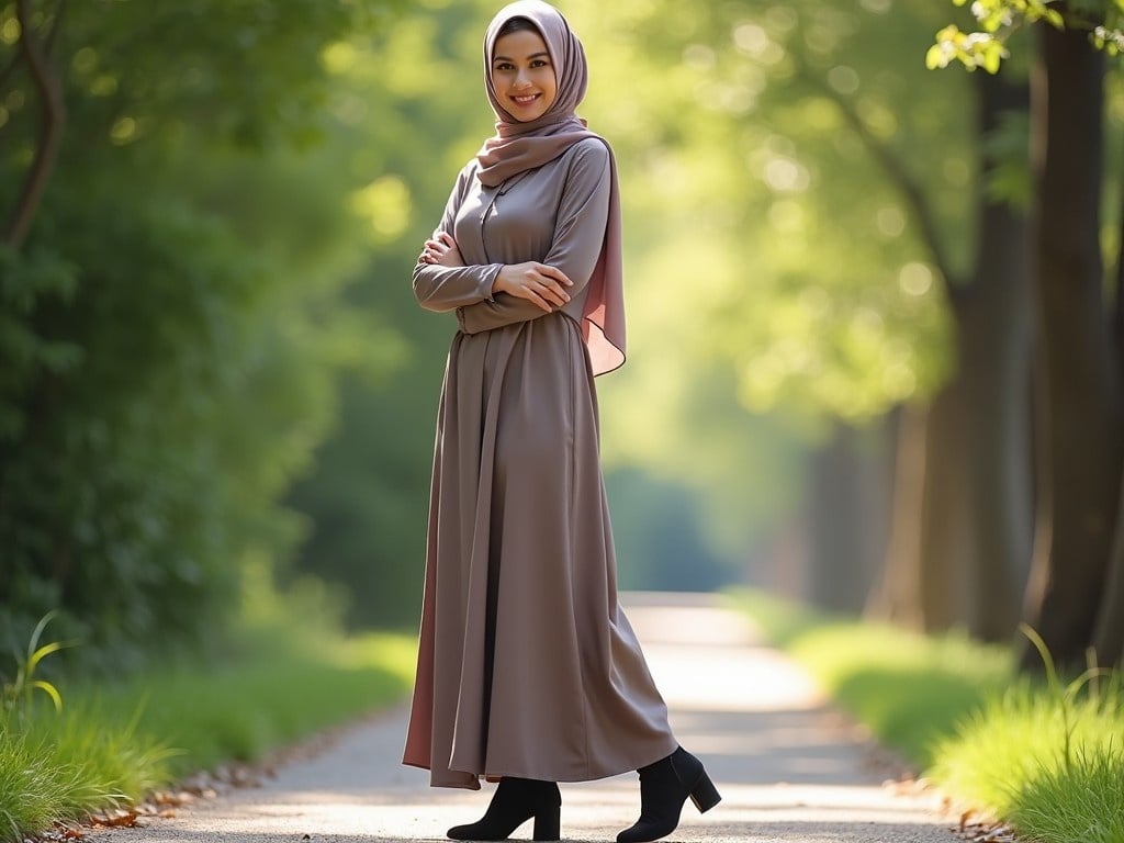 The image captures a woman in her 30s wearing a stylish hijab and a flowing abaya. She stands confidently on a serene nature path surrounded by lush greenery. The sunlight filters through the trees, creating a warm atmosphere that complements her outfit. The woman pairs her elegant abaya with luxurious boots, enhancing her fashion statement. This visual represents a blend of tradition and modern luxury in women's fashion, appealing to those who appreciate modest yet stylish clothing.