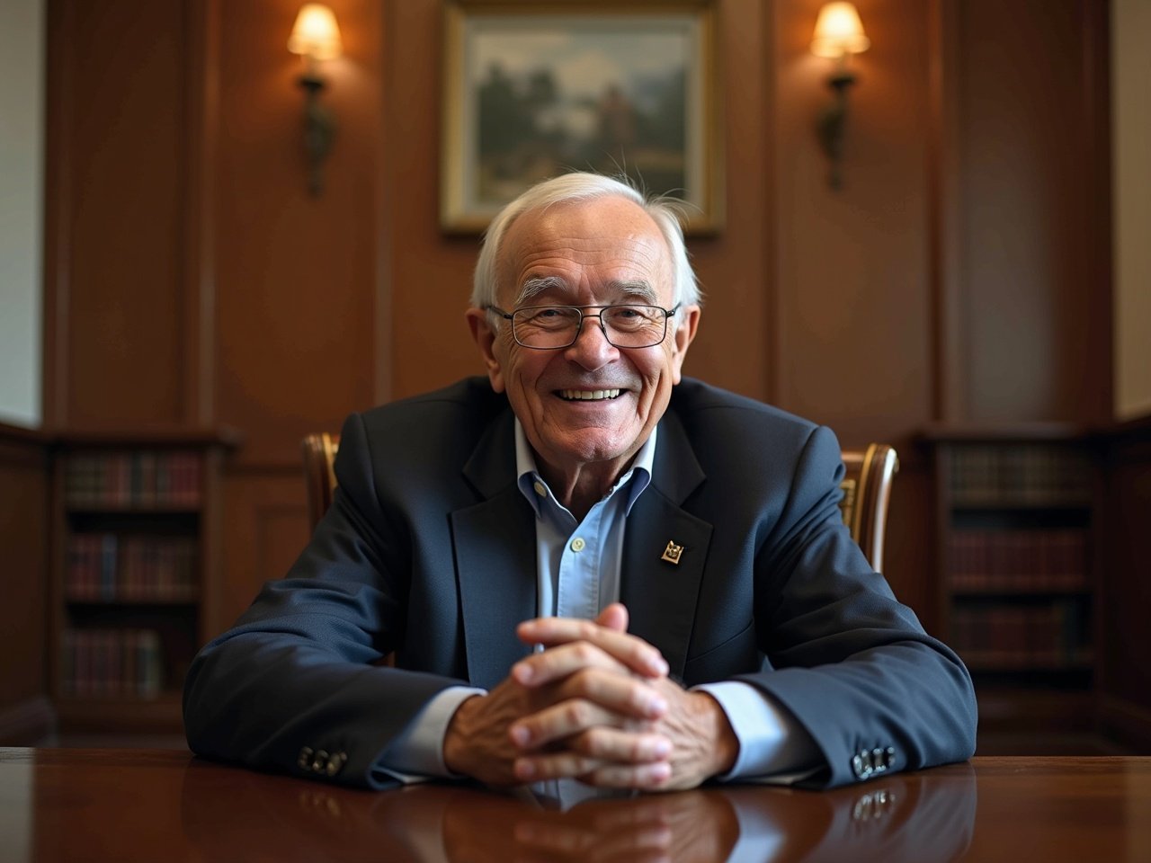 An elderly man is sitting inside a government building, smiling warmly at the camera. He appears to be in a professional setting, with wooden panels and a library-like background. The lighting is soft and enhances his friendly demeanor. His hands are clasped in front of him, suggesting confidence and openness. This image captures the essence of warmth and approachability in a formal environment.