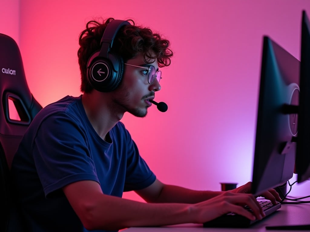 A young person with curly hair sits at a gaming desk, fully focused on a racing game. They are wearing headphones and a casual blue shirt. The lighting around them is a vibrant pink, creating an immersive atmosphere. A computer monitor displays the racing game, illuminating their face. This scene captures the essence of modern gaming culture.