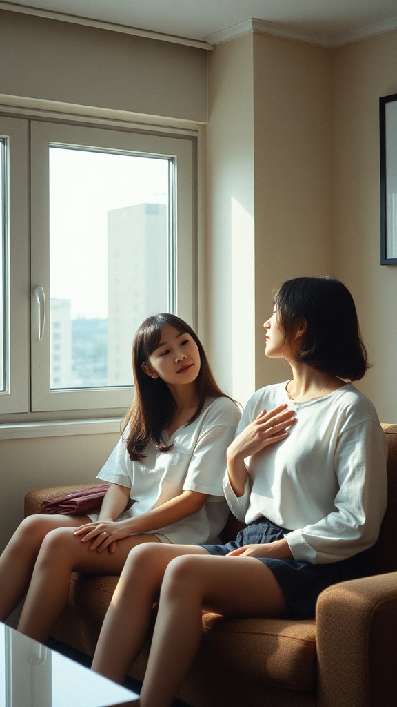 The image captures a serene scene of two women seated on a couch in a well-lit room by a window. The woman on the left looks attentively towards the other, who gestures with her hand on her chest as if expressing something heartfelt. The lighting is soft and natural, casting gentle shadows and creating a warm atmosphere. The view outside the window suggests an urban setting, adding depth to the composition.