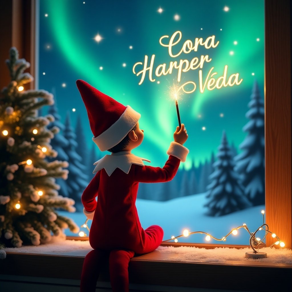 An enchanting Christmas scene features an elf on the shelf, turned away from the viewer. The elf is dressed in red and white, holding a magic wand that writes 'Cora', 'Harper', and 'Veda' in glowing letters above. The backdrop displays vibrant northern lights, enhancing the magical atmosphere. Festive decorations, like a small Christmas tree and twinkling lights, indicate the spirit of the season. The pose of the elf conveys a sense of excitement and wonder, encapsulating the joy of Christmas. Ideal for capturing holiday magic in artwork.