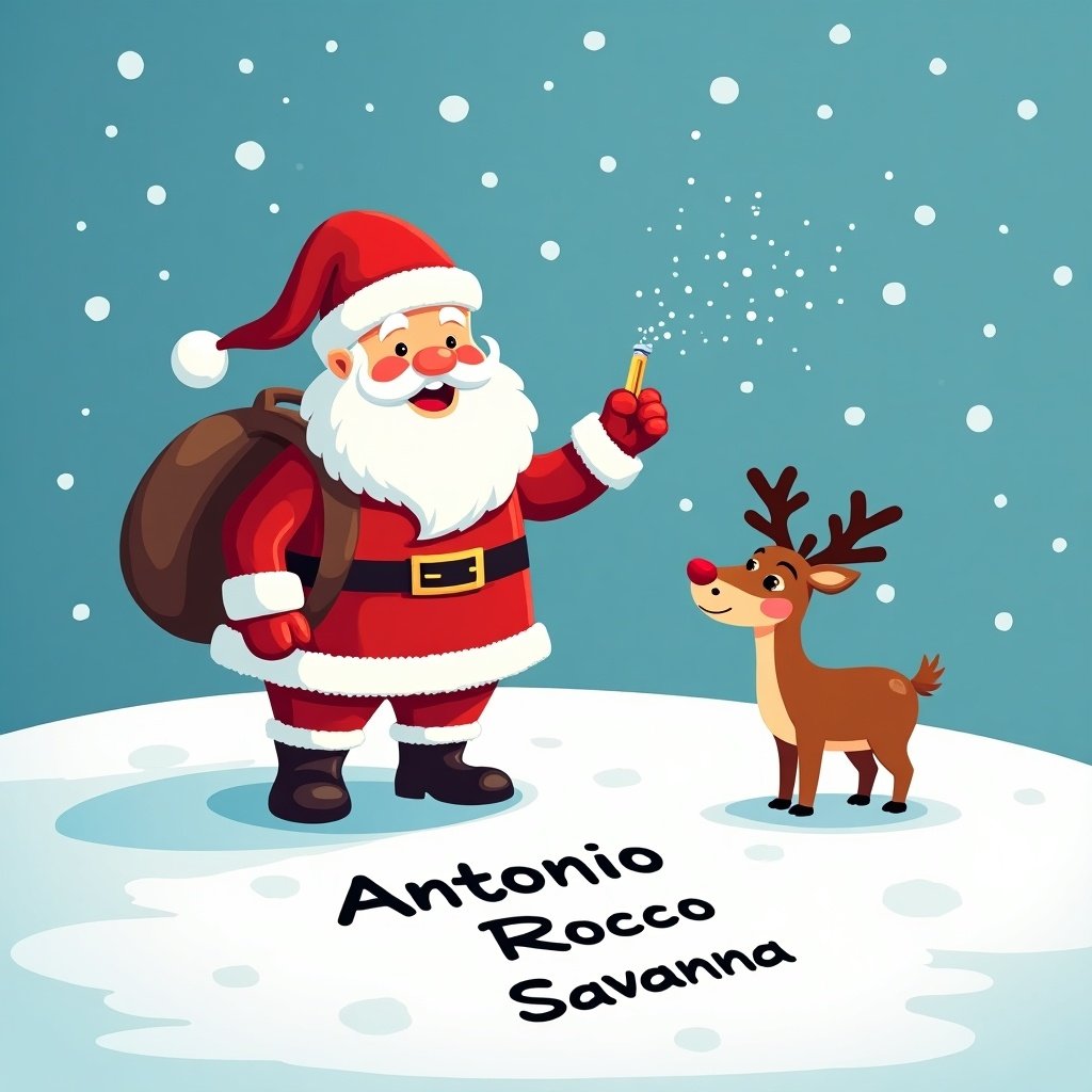 The image features a jolly Santa Claus standing in a snowy landscape. He is writing children's names in the snow, including Antonio, Rocco, and Savanna. Accompanied by a cheerful little reindeer who curiously observes. The scene is vibrant with a bright blue background and fluffy white snow. The overall atmosphere is festive and magical, perfect for the holiday season.