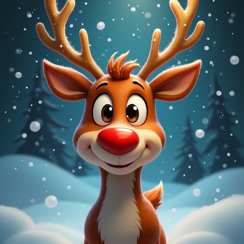 The image features a smiling reindeer with big expressive eyes and a shiny red nose. Snowflakes are gently falling around him, creating a festive atmosphere. In the background, there are soft, snowy hills and evergreen tree silhouettes. The reindeer's antlers are prominent, adding to the playful nature of the character. This cheerful character embodies the spirit of Christmas. The overall color scheme is warm and inviting, enhancing the winter wonderland feel.