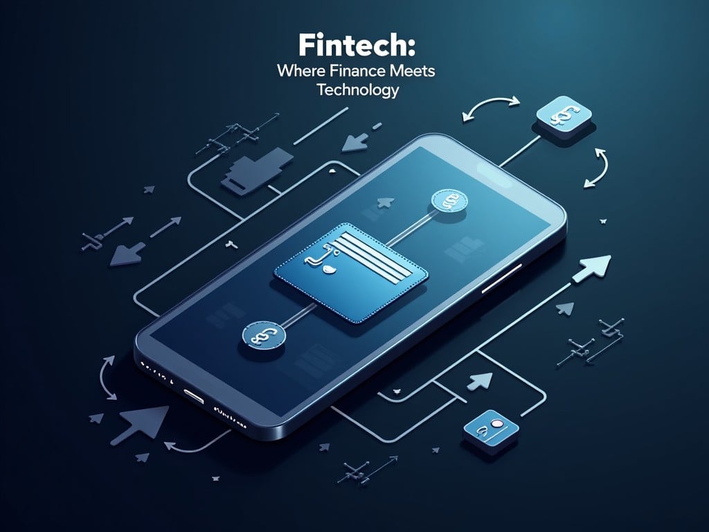 The image features a modern smartphone as the focal point, symbolizing the intersection of finance and technology. It is designed in an isometric style, with various financial icons and arrows surrounding the phone. The color scheme consists of dark and light blues with white accents, presenting a high-tech feel. This visual representation aims to highlight how digital advancements are transforming the financial landscape. Overall, the image conveys a sense of innovation and connectivity in the world of finance.