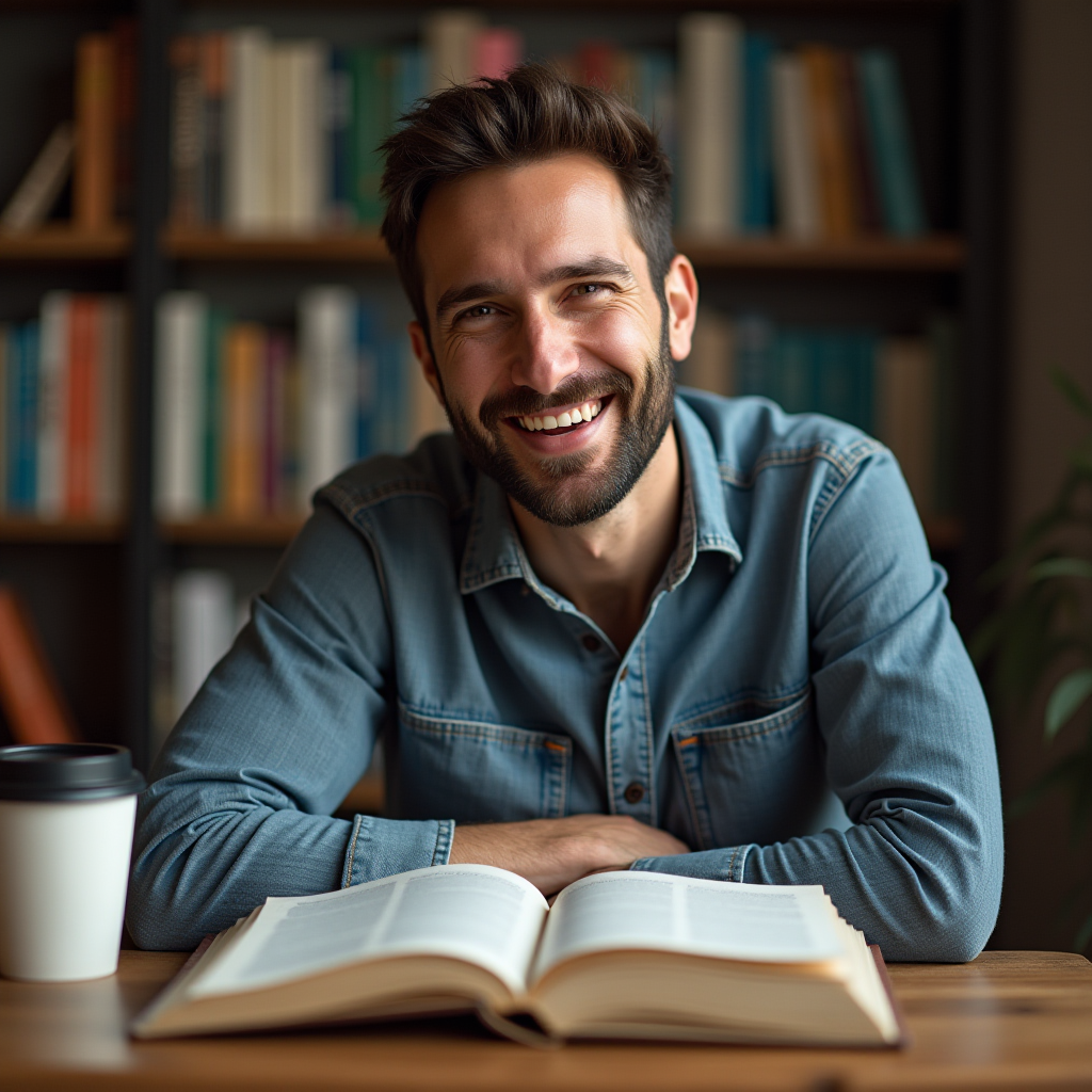 A smiling man sits in a library with an open book and a takeaway cup.