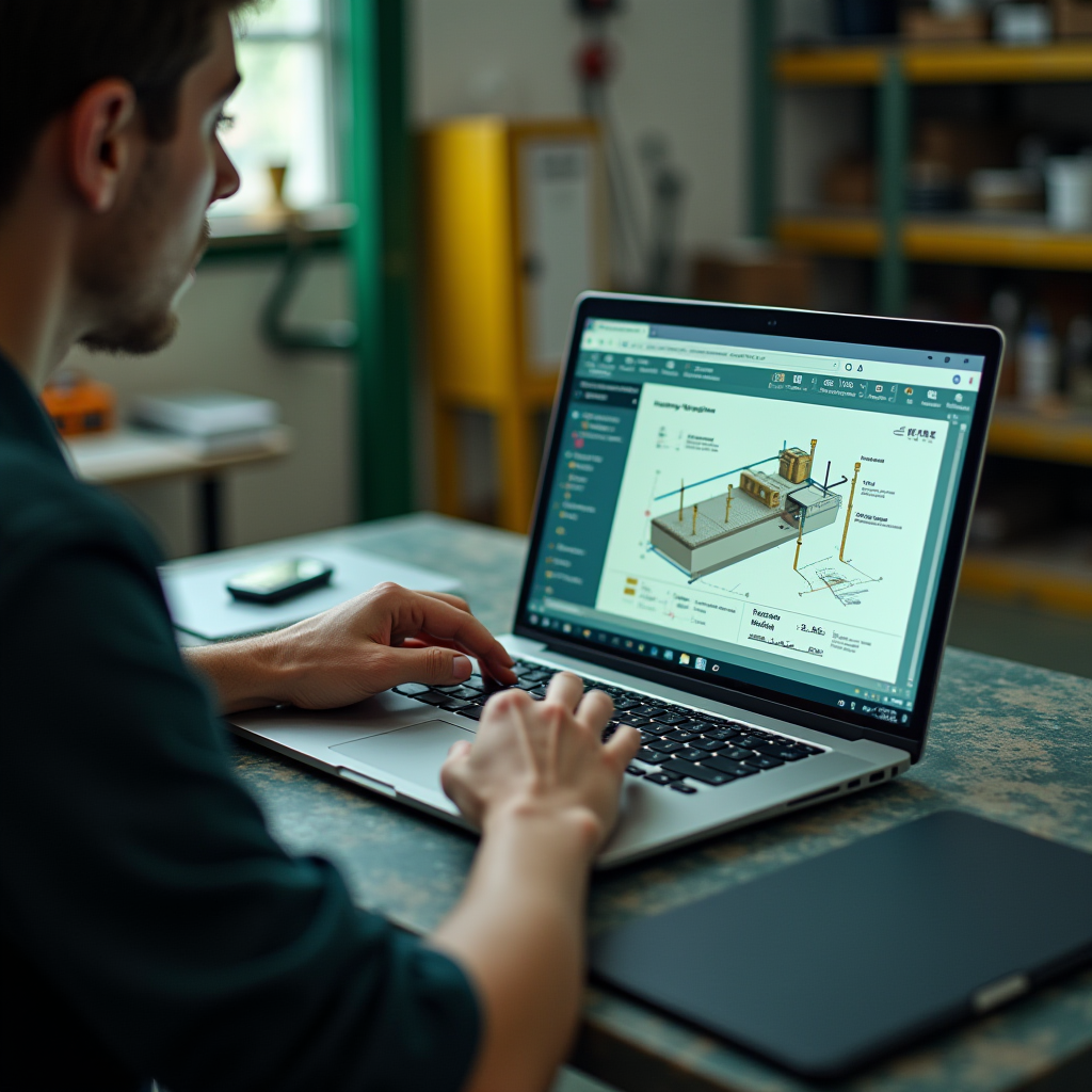 A person in an office studies a 3D architectural model on a laptop amidst shelves of supplies.