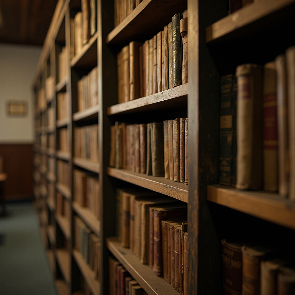 The image shows wooden bookshelves filled with old, well-worn books in a dimly lit library.