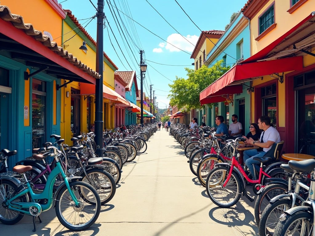 The image depicts a vibrant street lined with bicycles of various colors. Shops on both sides of the street are painted in bright hues like blue, yellow, and red. People are seated at outdoor tables, enjoying their time. The atmosphere is lively and welcoming, perfect for bike enthusiasts. The setting showcases an urban area that encourages cycling as a mode of transportation.